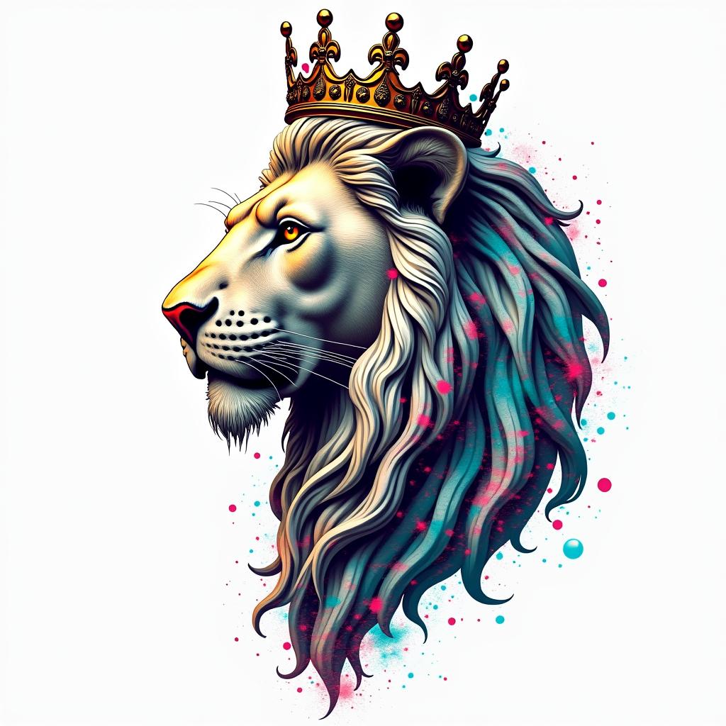 Beautiful lioness with royal crownin distorted and fragmented tattoo design, featuring a classical statue bust, in a glitch art style with vibrant, overlapping colors of cyan, magenta, and yellow, creating a digital distortion effect - Variation 2