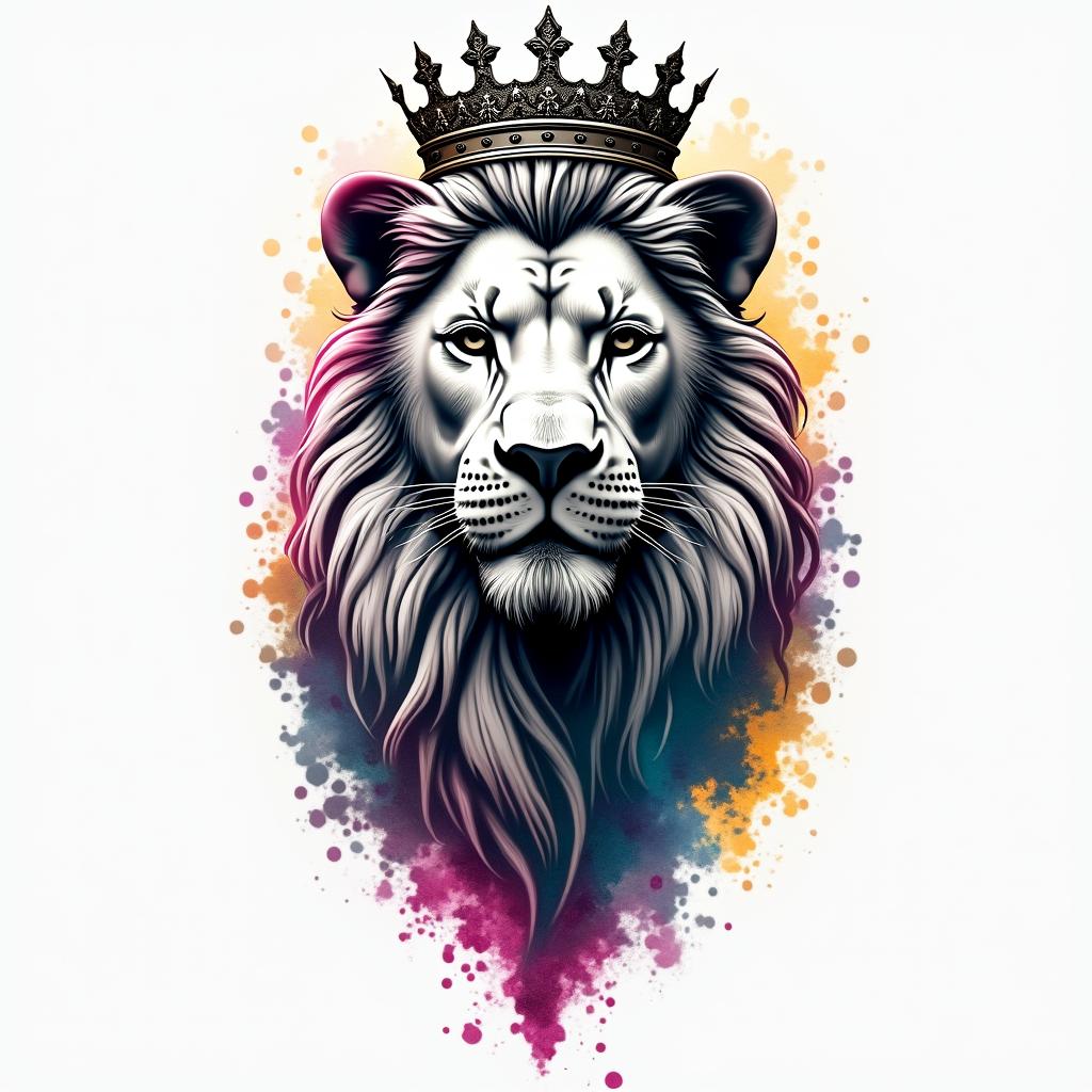Beautiful lioness with royal crownin distorted and fragmented tattoo design, featuring a classical statue bust, in a glitch art style with vibrant, overlapping colors of cyan, magenta, and yellow, creating a digital distortion effect - Variation 3