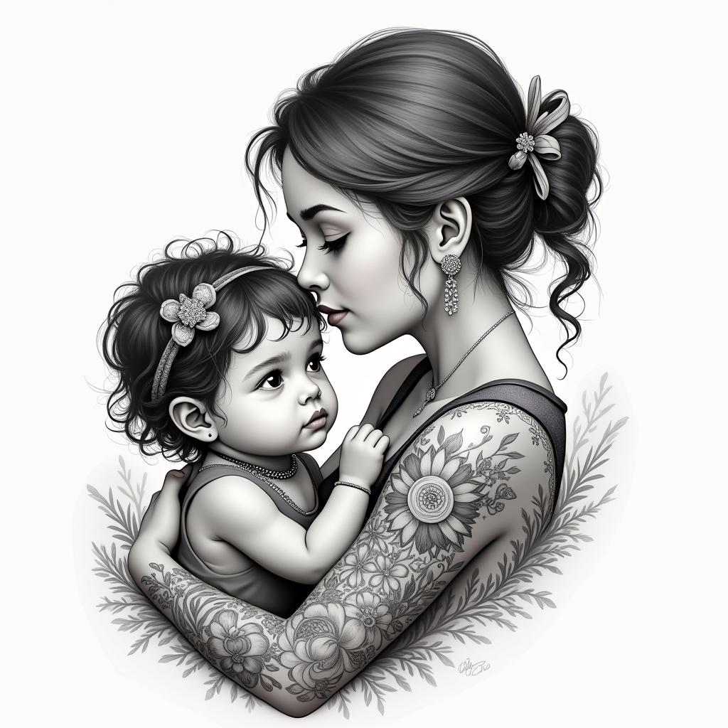 Mother with a little girl and a babyin bohemian style tattoo, 8k - Variation 3