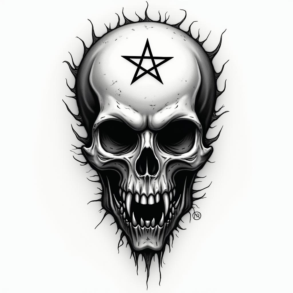Cute and deadlycreepy horror tattoo style, featuring an eerie and unsettling skull of a demonic creature, distorted face with sharp fangs, add pentagram symbol