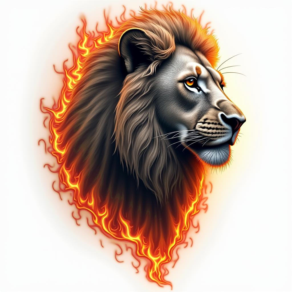 Raylan, lion, Rondôniain flame tattoo style showcasing fiery elements with dynamic flame patterns, glowing effect of flames, natural colors