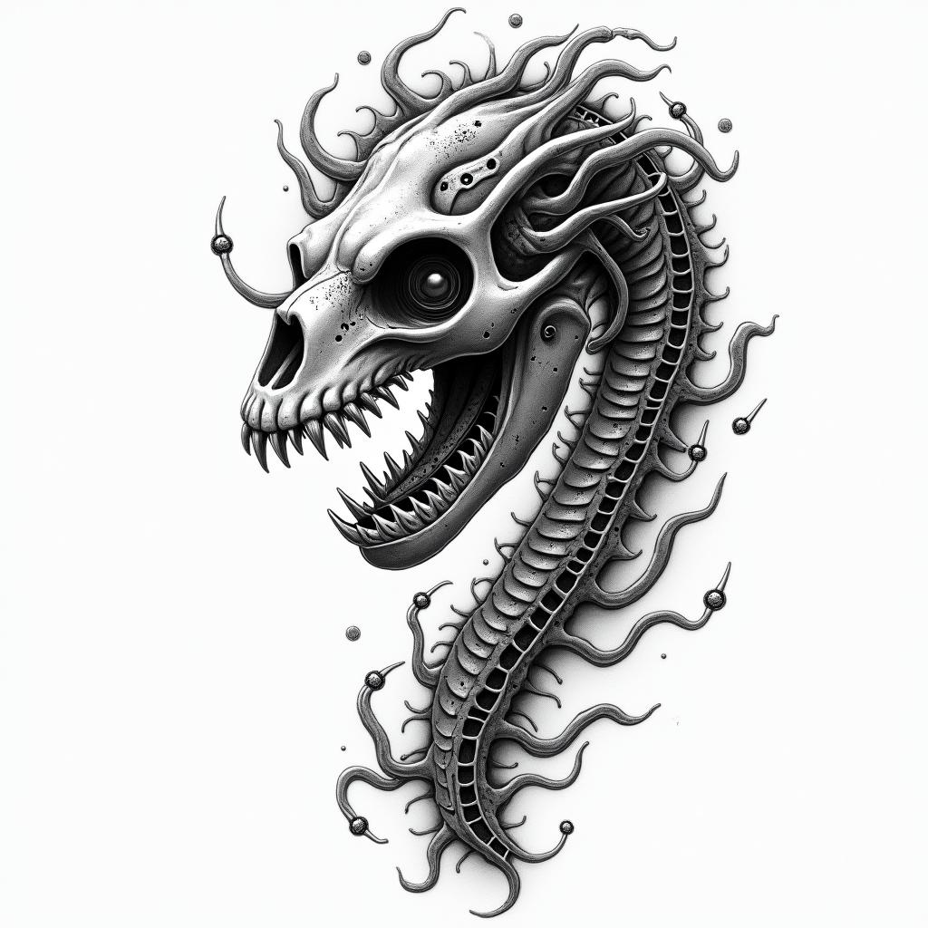 Music skull snake rosetattoo in biomechanic style, the tattoo covered by robotic elements of futuristic cyberpunk design, robotic features detail, showcasing intricate mechanical components - Variation 4