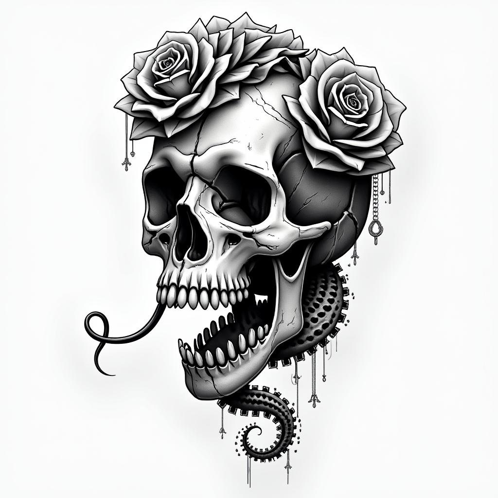 Music skull snake rosetattoo in biomechanic style, the tattoo covered by robotic elements of futuristic cyberpunk design, robotic features detail, showcasing intricate mechanical components