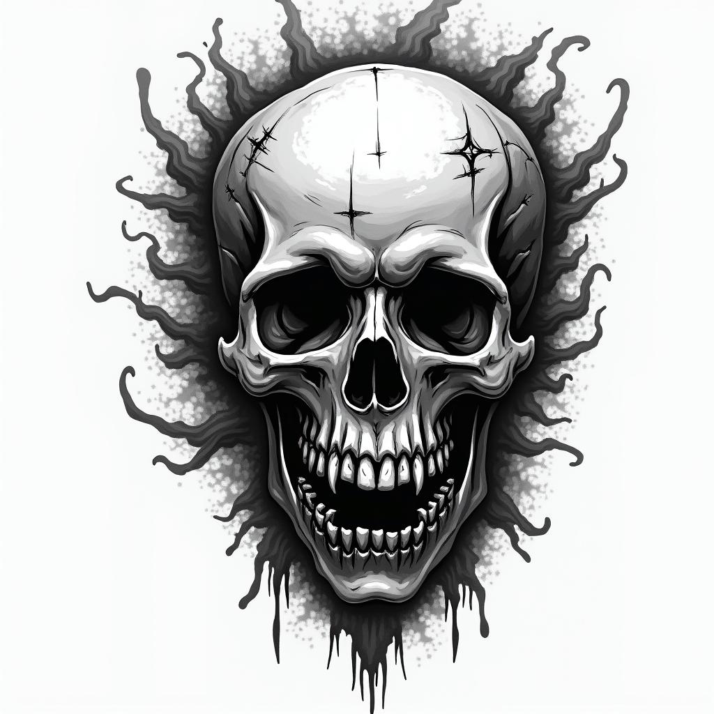 Cute and deadly in horror tattoo style, showcasing haunting and unsettling, dark and gritty textures with skulls, eerie faces, jgged designs, bold and intense shading - Variation 2