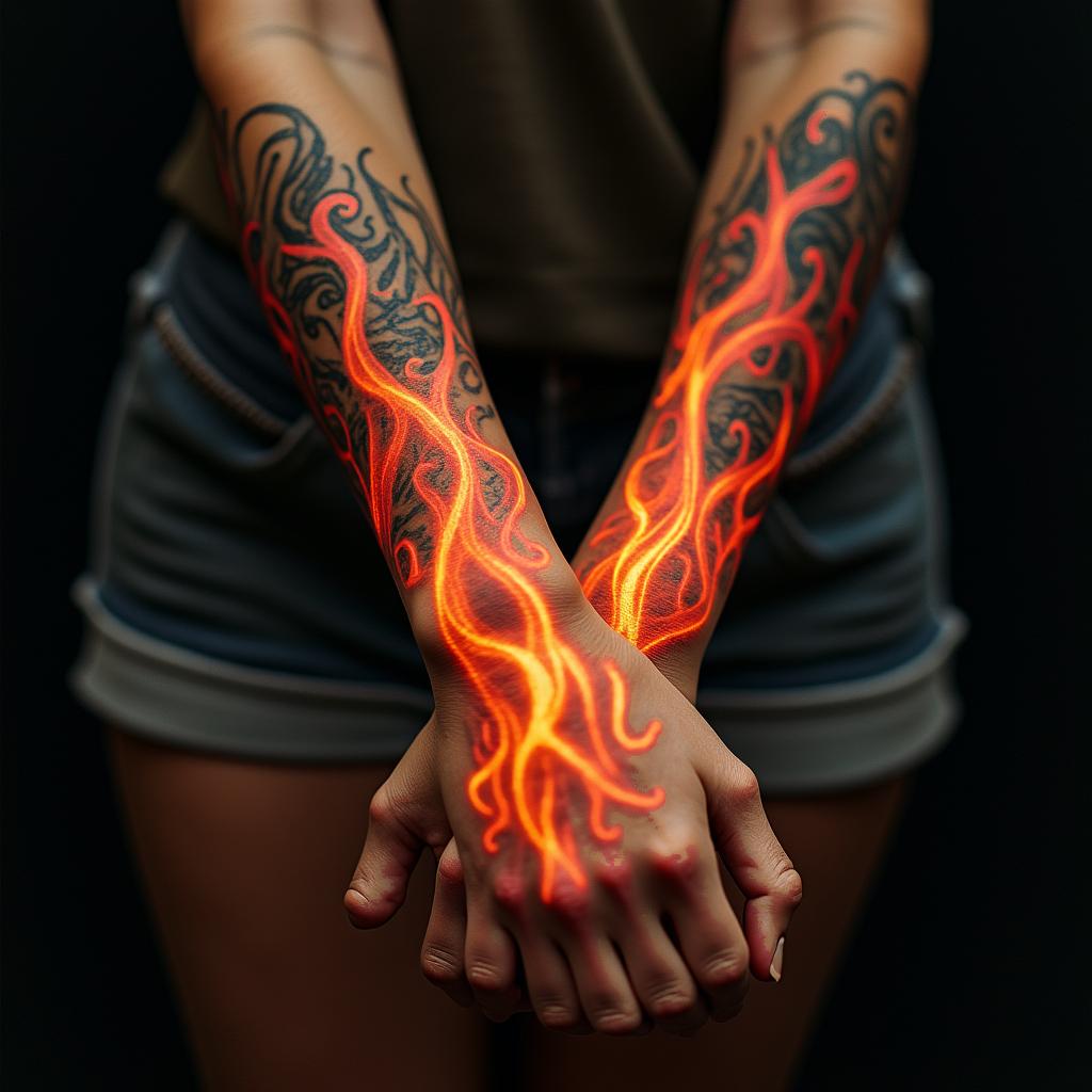 Robert infinityin flame tattoo style showcasing fiery elements with dynamic flame patterns, glowing effect of flames, natural colors
