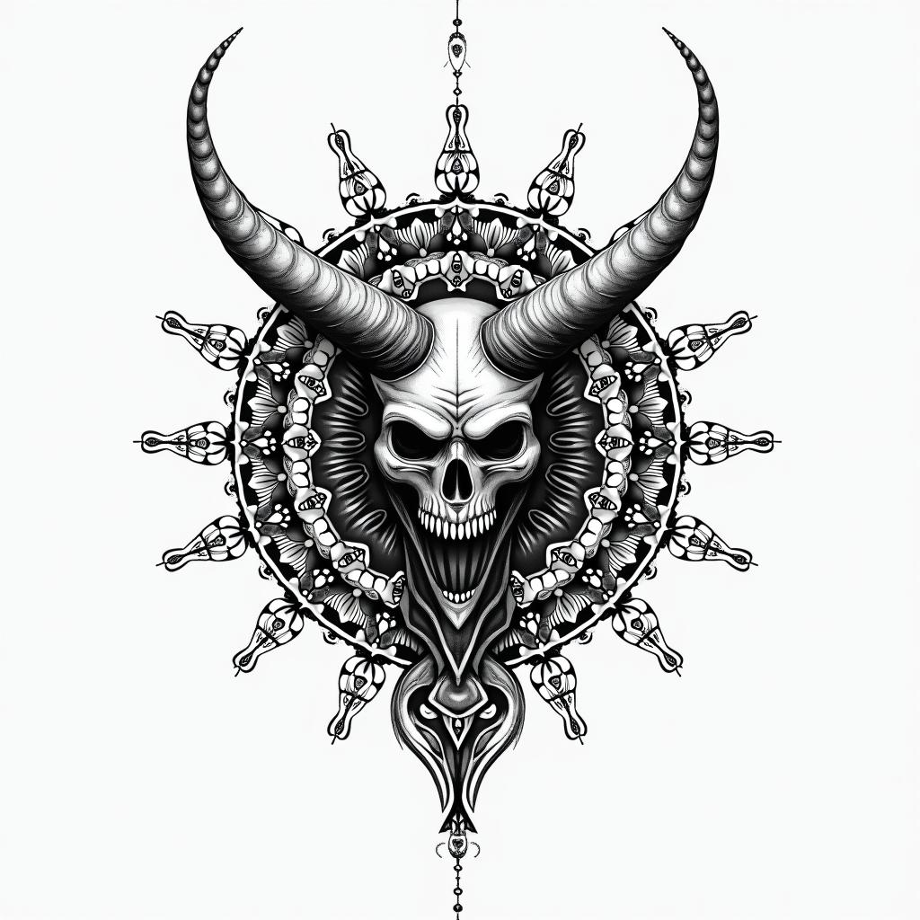 The devil and god raging inside mein dotwork style tattoo, complex mandala patterns, interlocking geometric shapes with sharp symmetry, clean lines, sharp angles