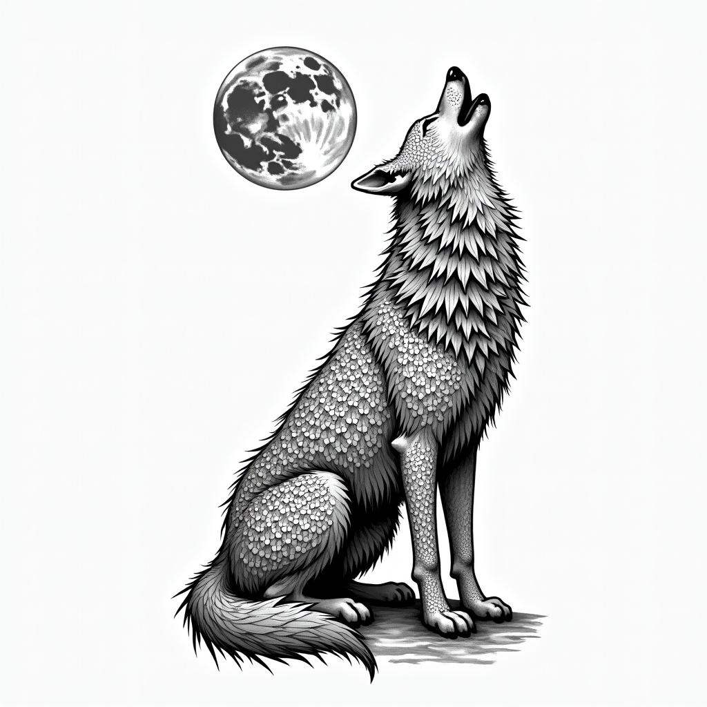Howling wolf under a full moon in geometric style tattoo, blending hexagons, mandala-inspired patterns, symmetrical and fractal design, clean lines, sharp angles - Variation 4