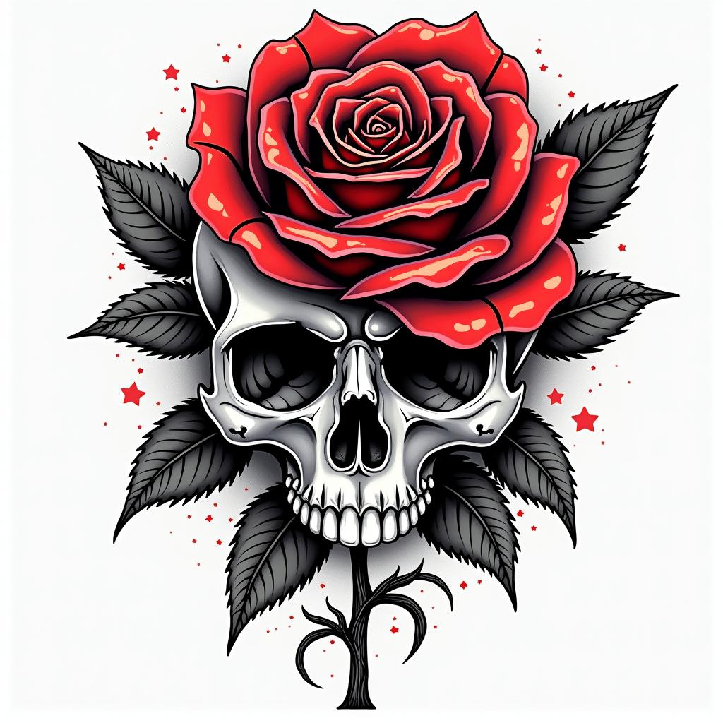 Music rose skullin pop art style tattoo, featuring bold and vibrant colors, exaggerated outlines, iconic imagery, inspired by comic books and speech bubbles, comic book characters, retro pop culture - Variation 4