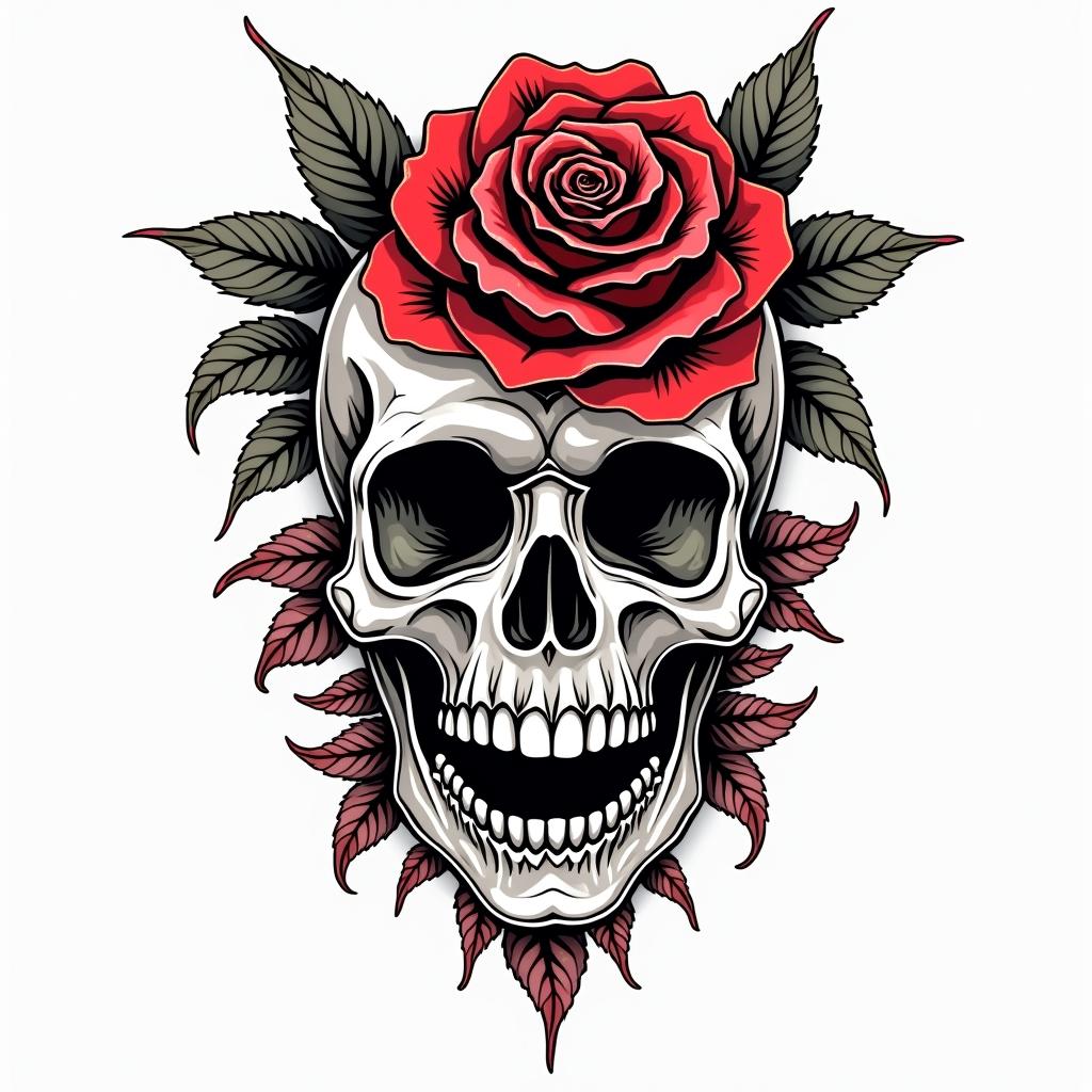 Music rose skullin pop art style tattoo, featuring bold and vibrant colors, exaggerated outlines, iconic imagery, inspired by comic books and speech bubbles, comic book characters, retro pop culture