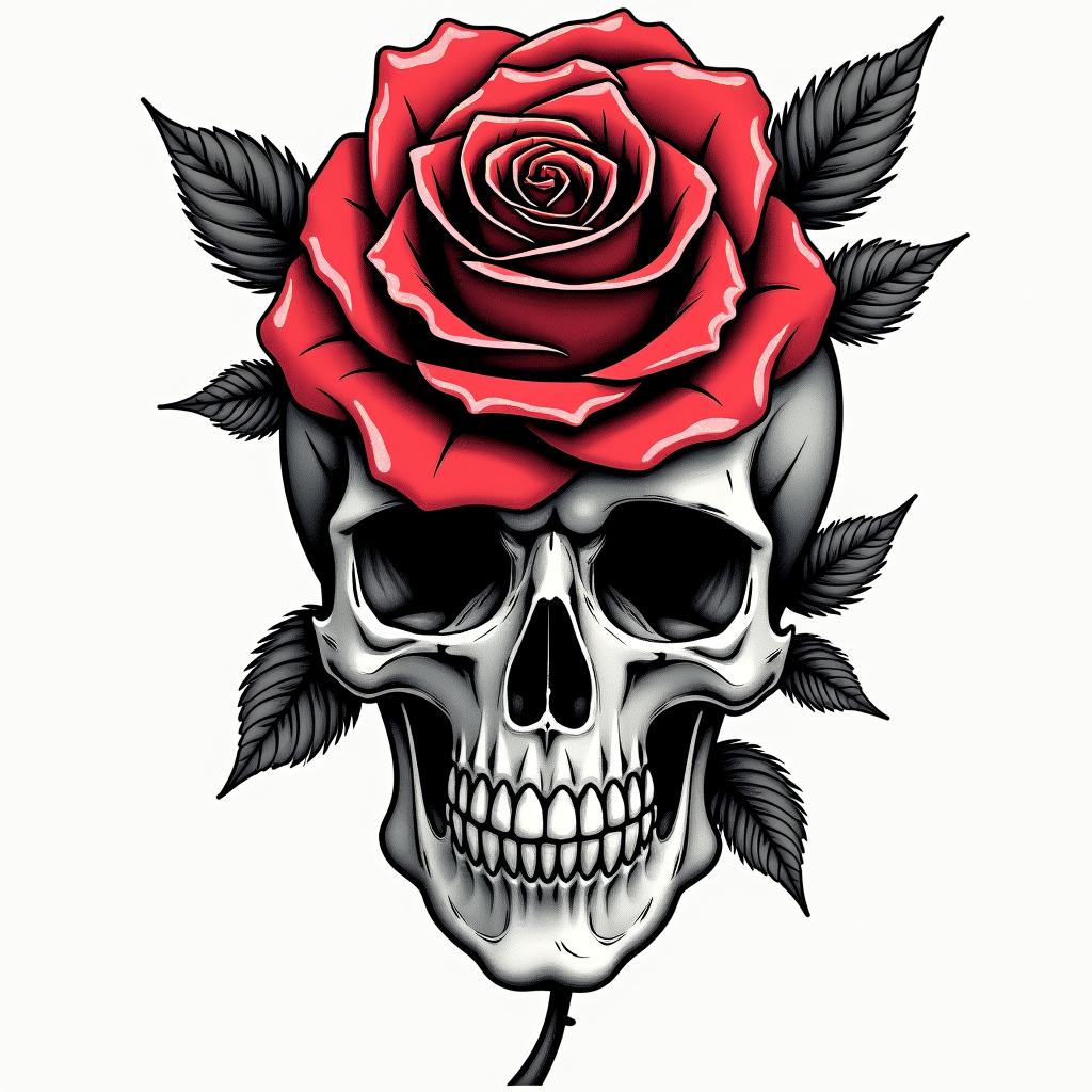 Music rose skullin pop art style tattoo, featuring bold and vibrant colors, exaggerated outlines, iconic imagery, inspired by comic books and speech bubbles, comic book characters, retro pop culture - Variation 2