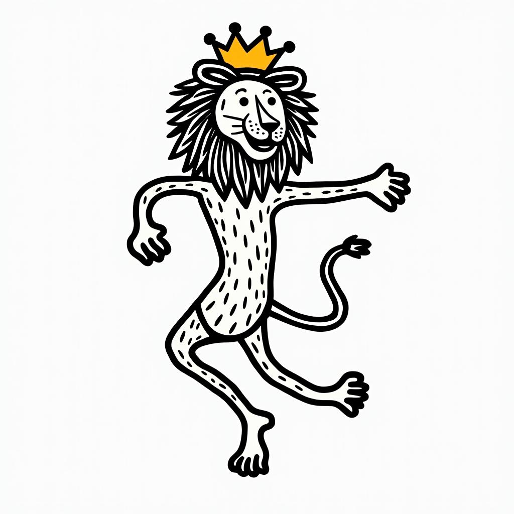 Beautiful lioness with royal crownabstract dancing figures in Keith Haring style, featuring bold black outlines and solid color fills, figures posed in dynamic and playful dance movements, minimalist design