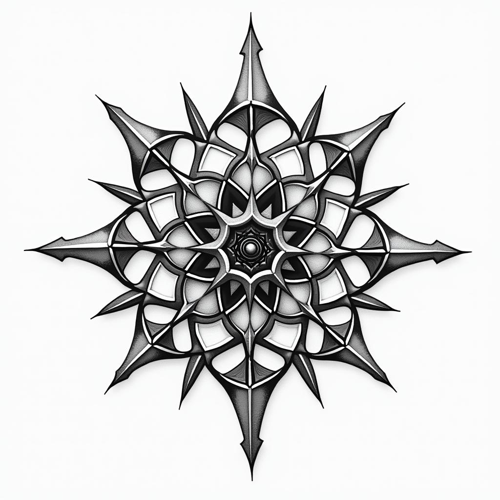 Astrology in geometric style tattoo, blending hexagons, mandala-inspired patterns, symmetrical and fractal design, clean lines, sharp angles