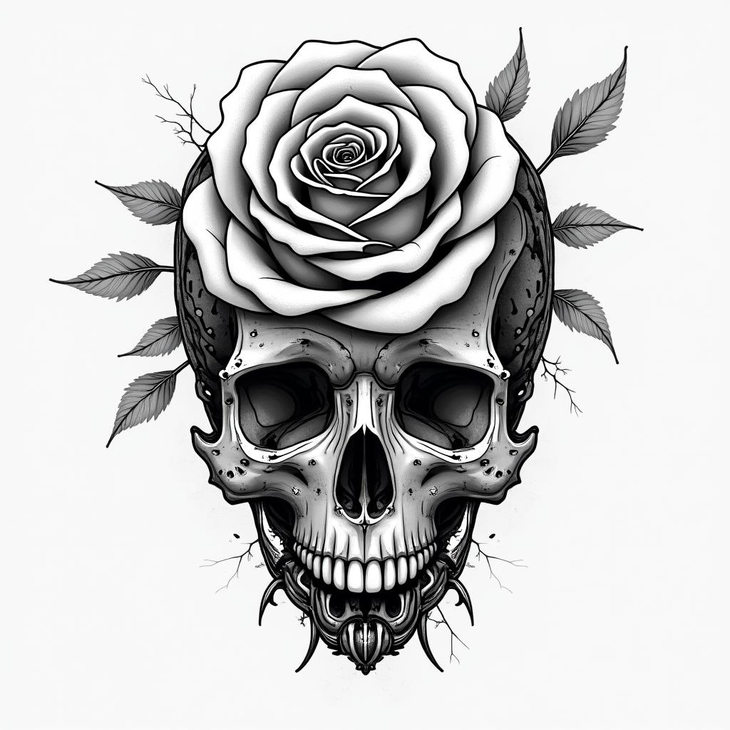 Music rose skulltattoo in biomechanic style, the tattoo covered by robotic elements of futuristic cyberpunk design, robotic features detail, showcasing intricate mechanical components - Variation 2