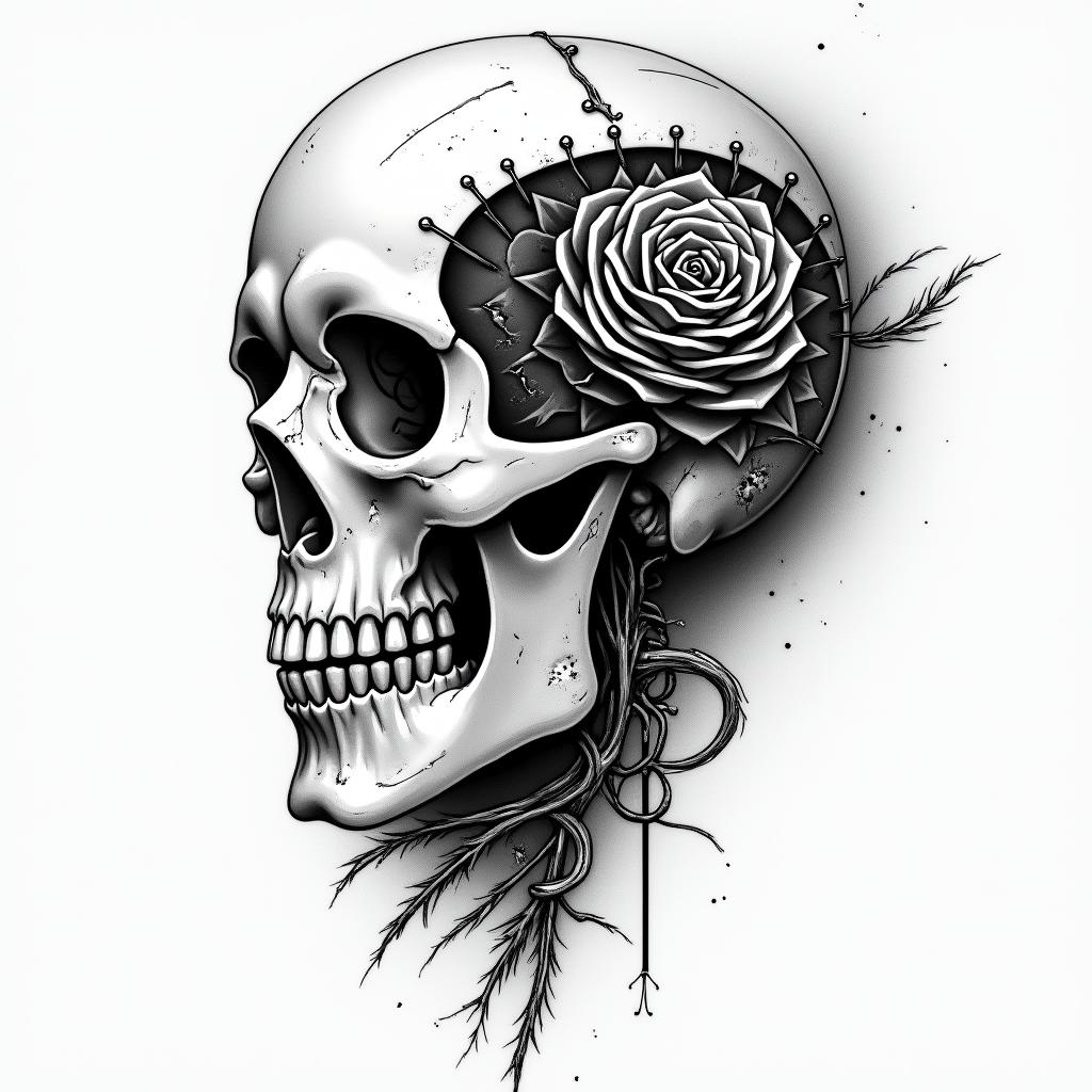 Music rose skulltattoo in biomechanic style, the tattoo covered by robotic elements of futuristic cyberpunk design, robotic features detail, showcasing intricate mechanical components