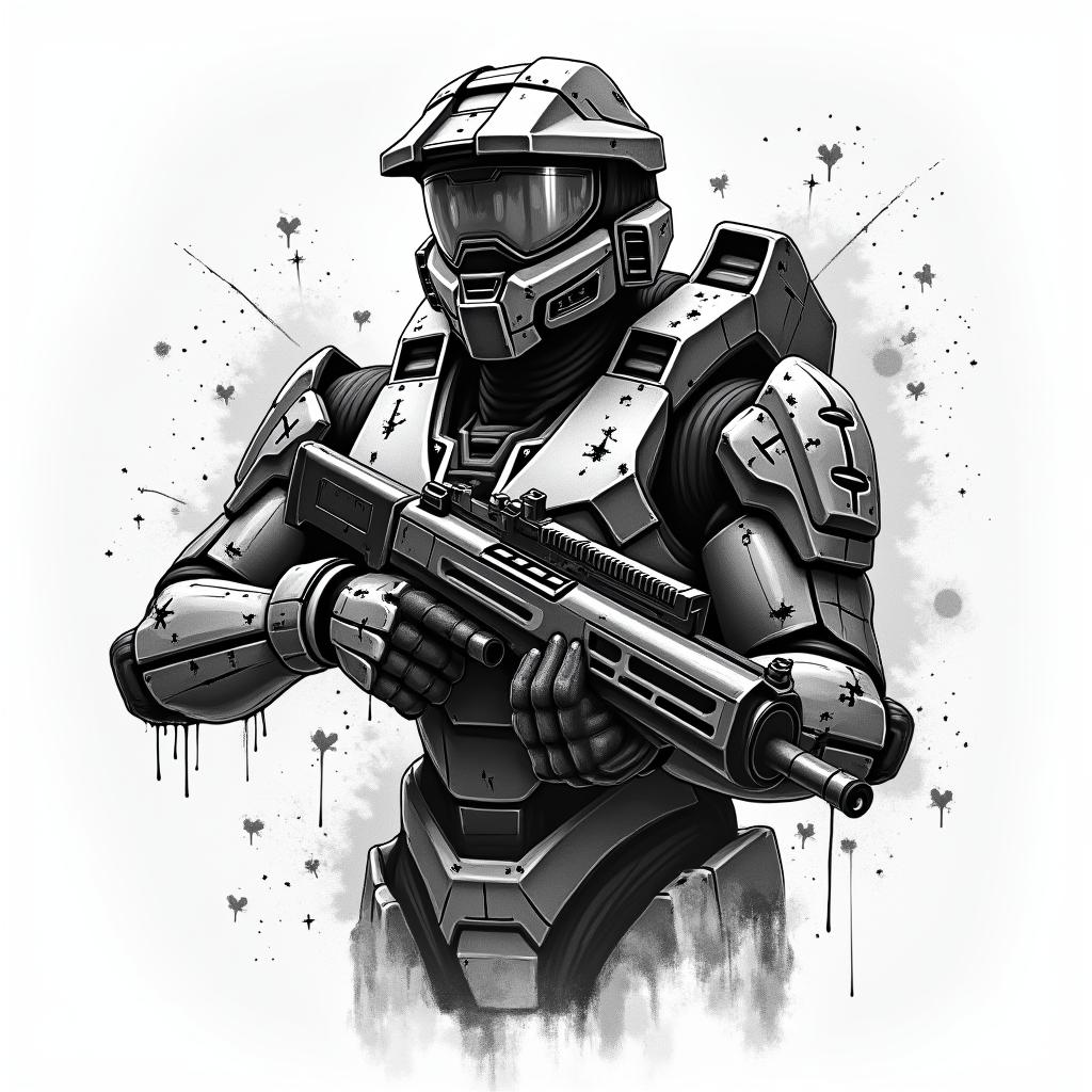 Halo master chief with a gun with a holosight on gunin graffiti style tattoo, featuring bold and dynamic street art elements, spray-paint texture with exaggerated lines and expressive, chaotic brushstrokes, intricate lettering incorporated with graffiti tags, symbols like hearts, stars, and wings - Variation 3