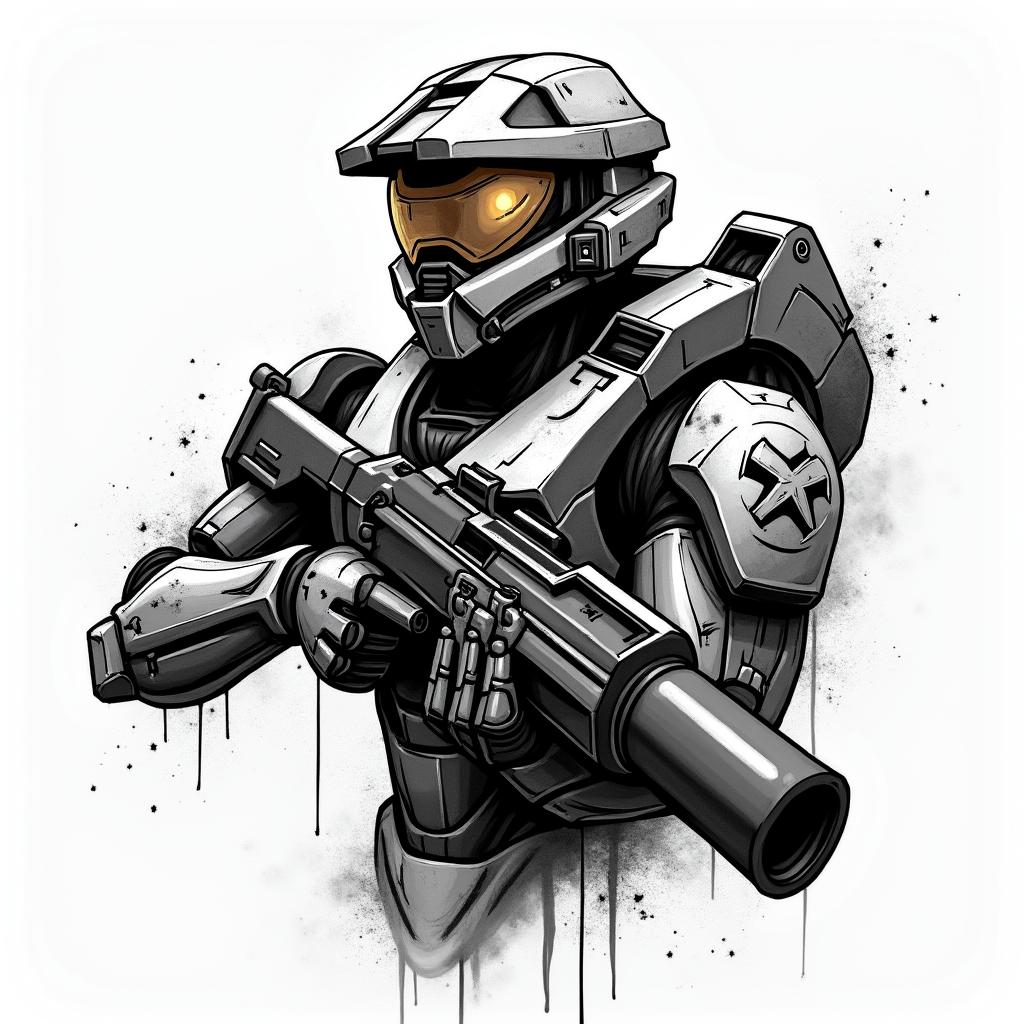 Halo master chief with a gun with a holosight on gunin graffiti style tattoo, featuring bold and dynamic street art elements, spray-paint texture with exaggerated lines and expressive, chaotic brushstrokes, intricate lettering incorporated with graffiti tags, symbols like hearts, stars, and wings