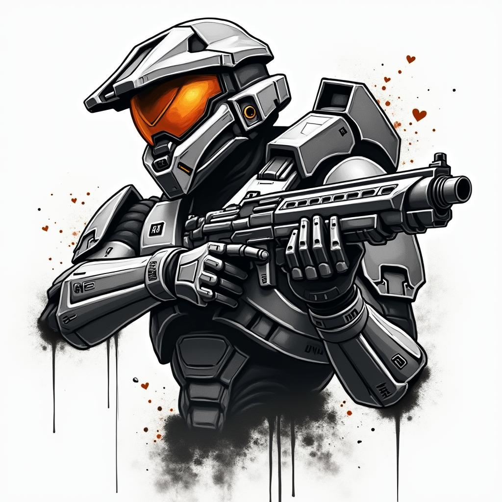 Halo master chief with a gun with a holosight on gunin graffiti style tattoo, featuring bold and dynamic street art elements, spray-paint texture with exaggerated lines and expressive, chaotic brushstrokes, intricate lettering incorporated with graffiti tags, symbols like hearts, stars, and wings - Variation 4