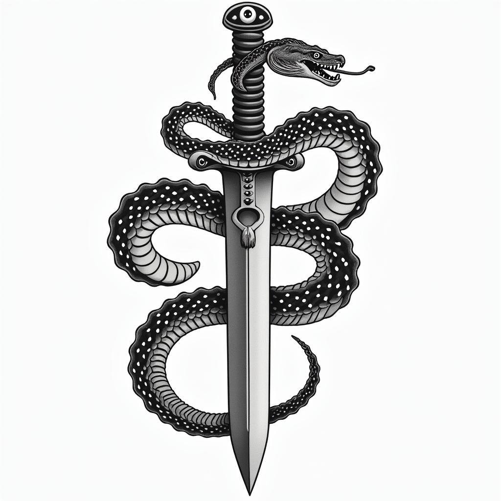 Snake wrapped around a dagger with an evil eye on the daggerin japanese style tattoo, detailed tattoo, traditional japanese culture tattoo, mythology, 8k - Variation 18