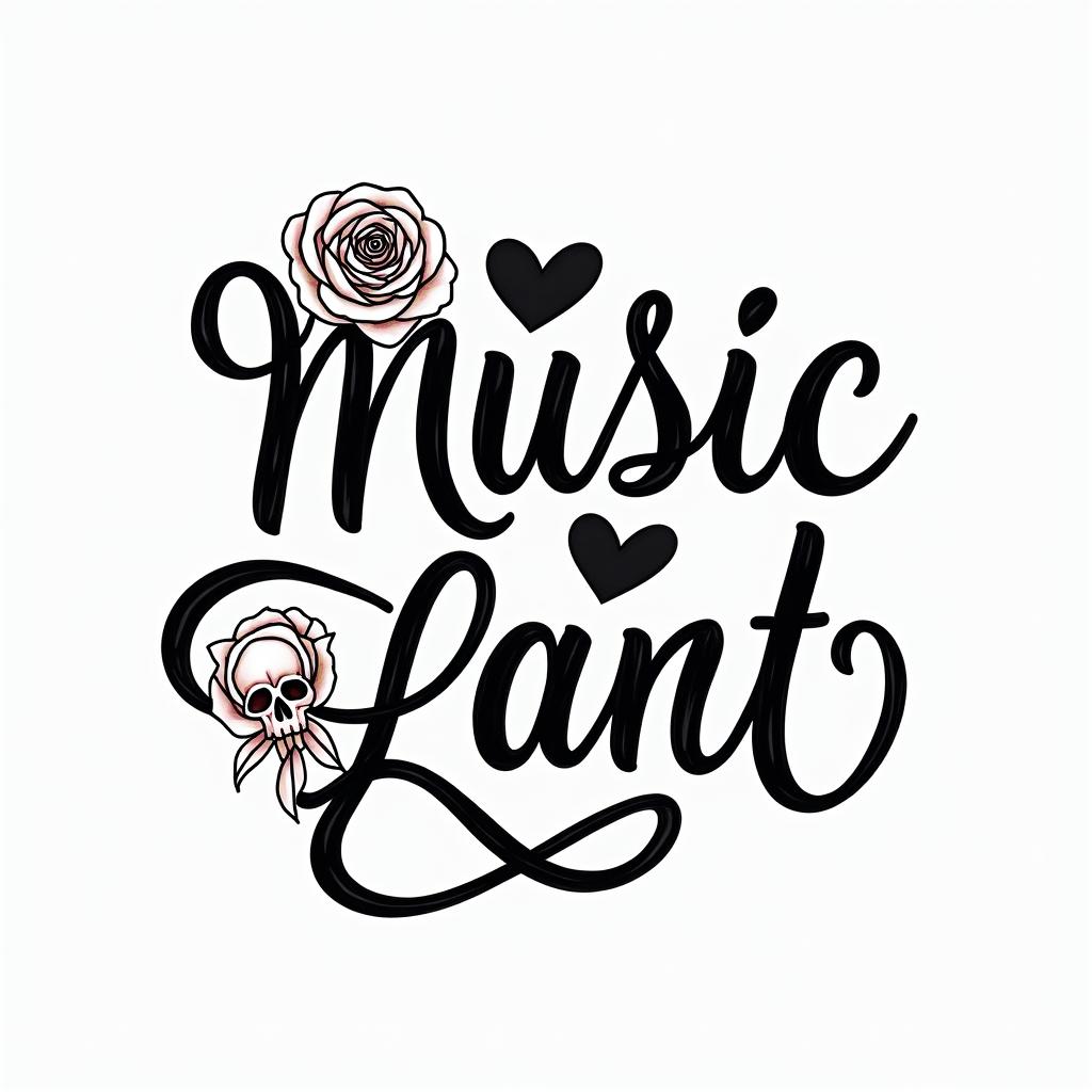 Music rose skullin elegant cursive calligraphy style 2d tattoo, decorate with roses, featuring a smooth and flowing handwritten script with slightly thickened strokes for a luxurious and bold appearance,  heart symbol between names,  sleek and glossy black text with shadowing, minimalist matte white background, clean and sharp edges, illuminated with soft lighting, romantic, 8k, high-quality textures with refined typography