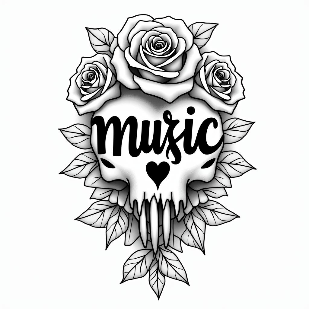 Music rose skullin elegant cursive calligraphy style 2d tattoo, decorate with roses, featuring a smooth and flowing handwritten script with slightly thickened strokes for a luxurious and bold appearance, heart symbol between names, sleek and glossy black text with shadowing, minimalist matte white background, clean and sharp edges, illuminated with soft lighting, romantic, 8k, high-quality textures with refined typography - Variation 4