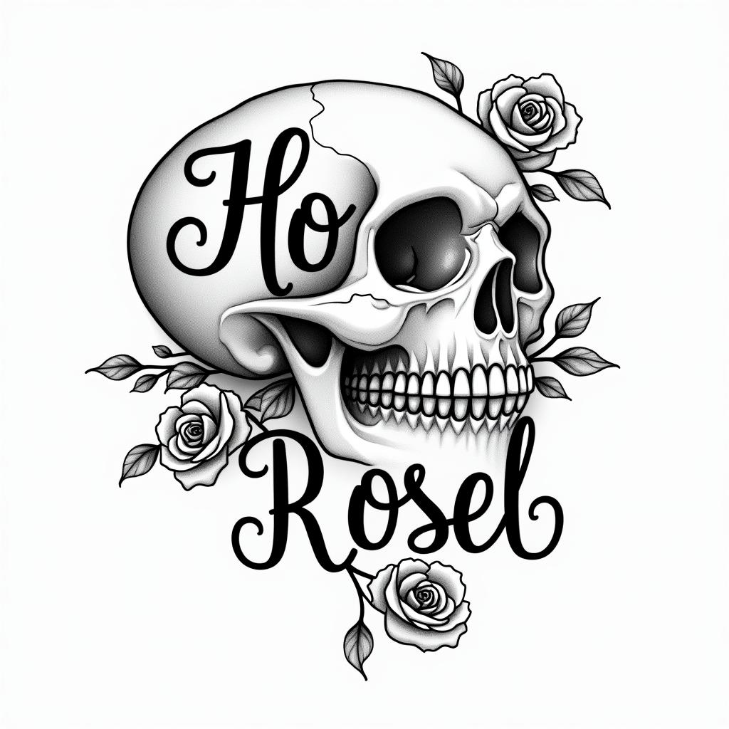 Music rose skullin elegant cursive calligraphy style 2d tattoo, decorate with roses, featuring a smooth and flowing handwritten script with slightly thickened strokes for a luxurious and bold appearance, heart symbol between names, sleek and glossy black text with shadowing, minimalist matte white background, clean and sharp edges, illuminated with soft lighting, romantic, 8k, high-quality textures with refined typography - Variation 3