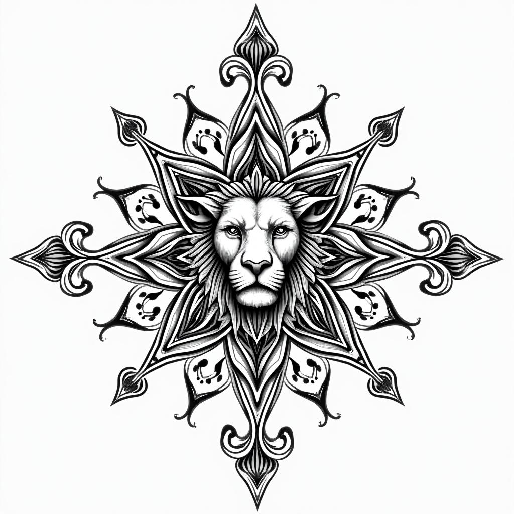 Leo constellationin dotwork style tattoo, complex mandala patterns, interlocking geometric shapes with sharp symmetry, clean lines, sharp angles