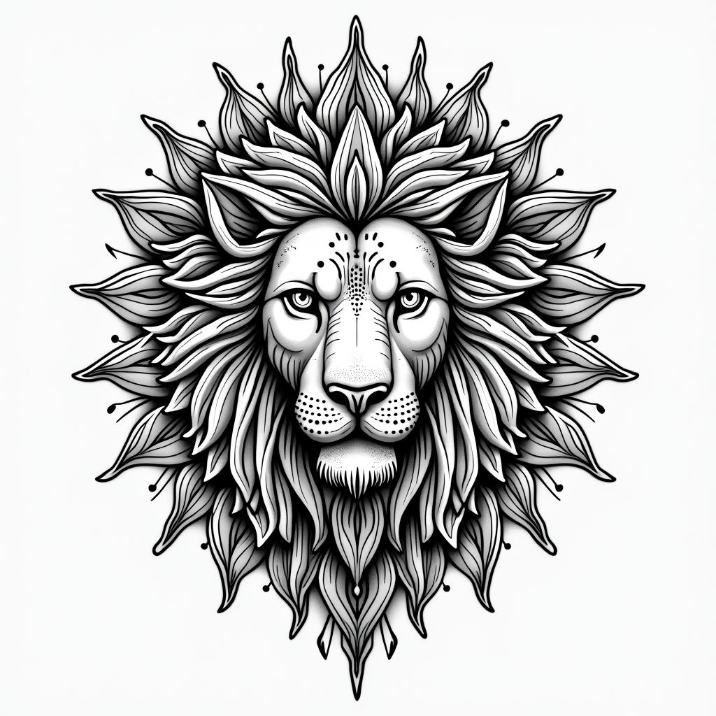 Leo constellationin dotwork style tattoo, complex mandala patterns, interlocking geometric shapes with sharp symmetry, clean lines, sharp angles - Variation 4