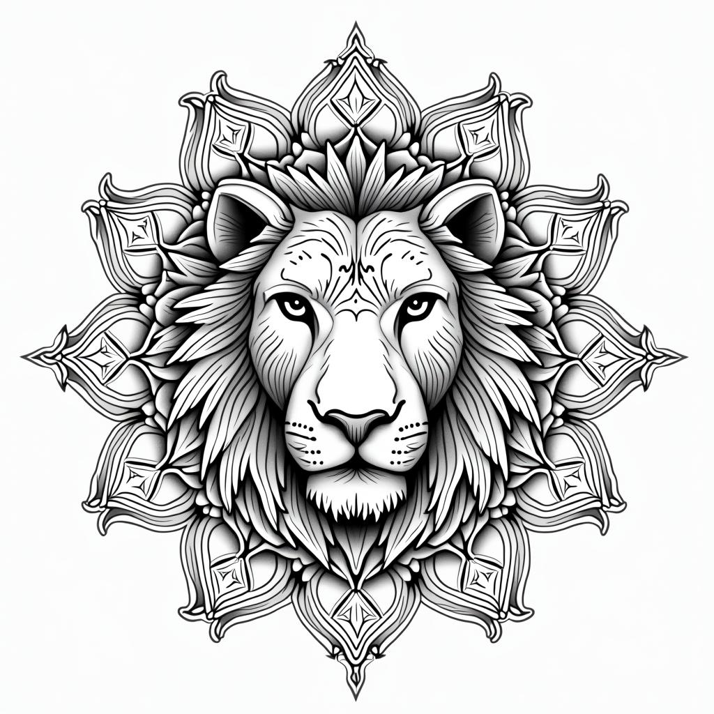 Leo constellationin dotwork style tattoo, complex mandala patterns, interlocking geometric shapes with sharp symmetry, clean lines, sharp angles - Variation 3