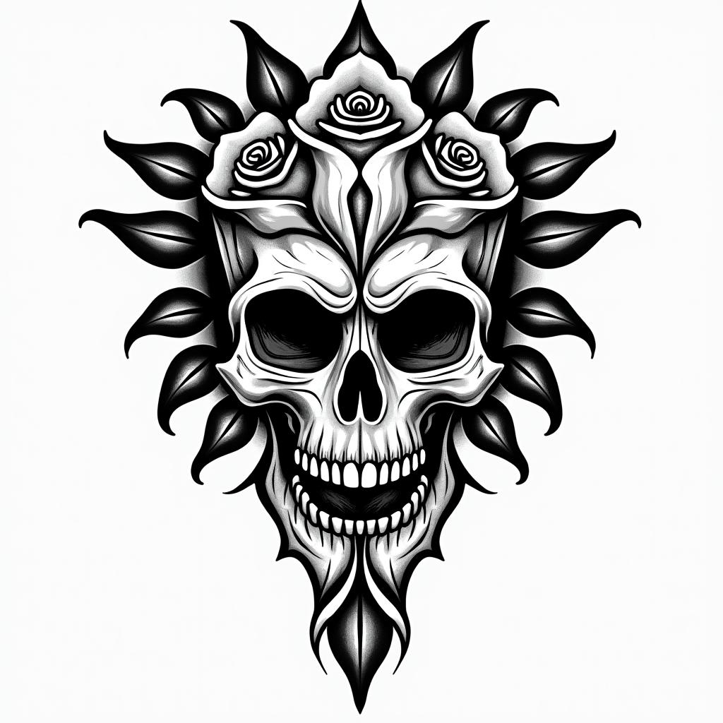 Music rose skullin tribal tattoo style, featuring bold and black geometric shapes, curved lines, intertwine and flow seamlessly, creating a powerful and symbolic design, polynesian and maori styles - Variation 3