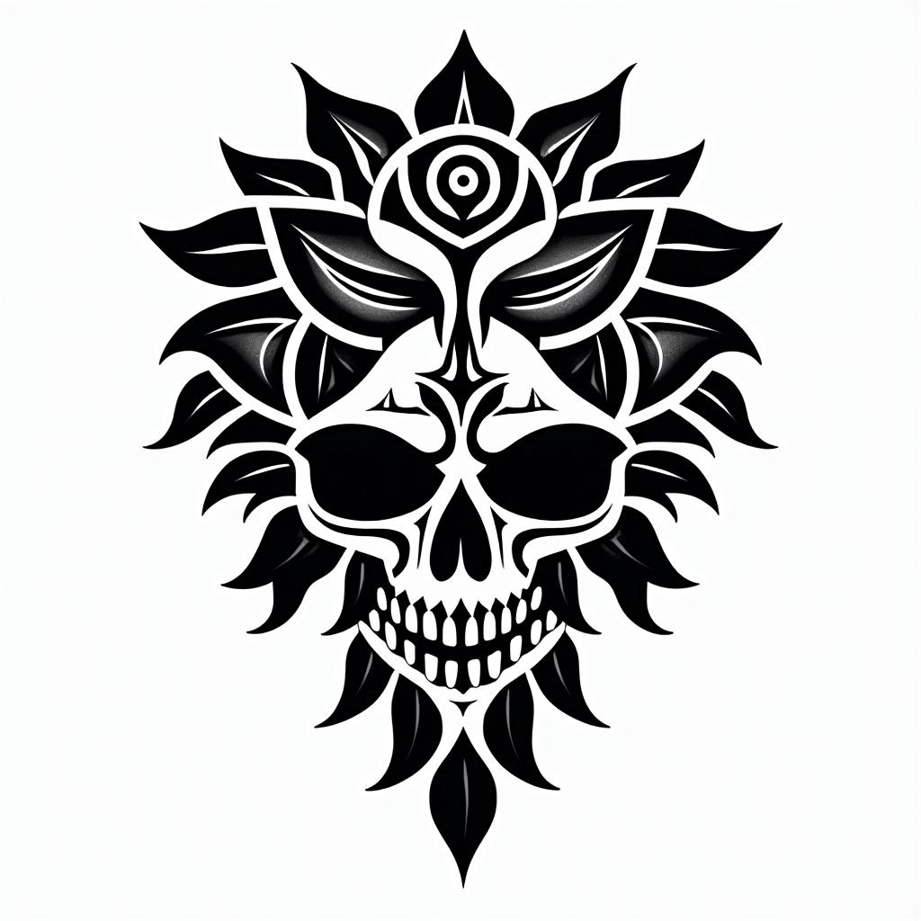 Music rose skullin tribal tattoo style, featuring bold and black geometric shapes, curved lines, intertwine and flow seamlessly, creating a powerful and symbolic design, polynesian and maori styles - Variation 1