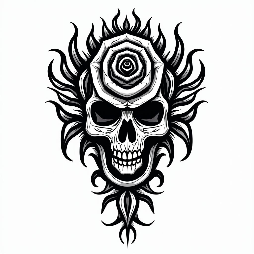 Music rose skullin tribal tattoo style, featuring bold and black geometric shapes, curved lines, intertwine and flow seamlessly, creating a powerful and symbolic design, polynesian and maori styles - Variation 4