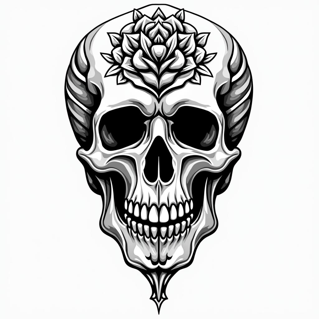 Music rose skullin tribal tattoo style, featuring bold and black geometric shapes, curved lines, intertwine and flow seamlessly, creating a powerful and symbolic design, polynesian and maori styles - Variation 2