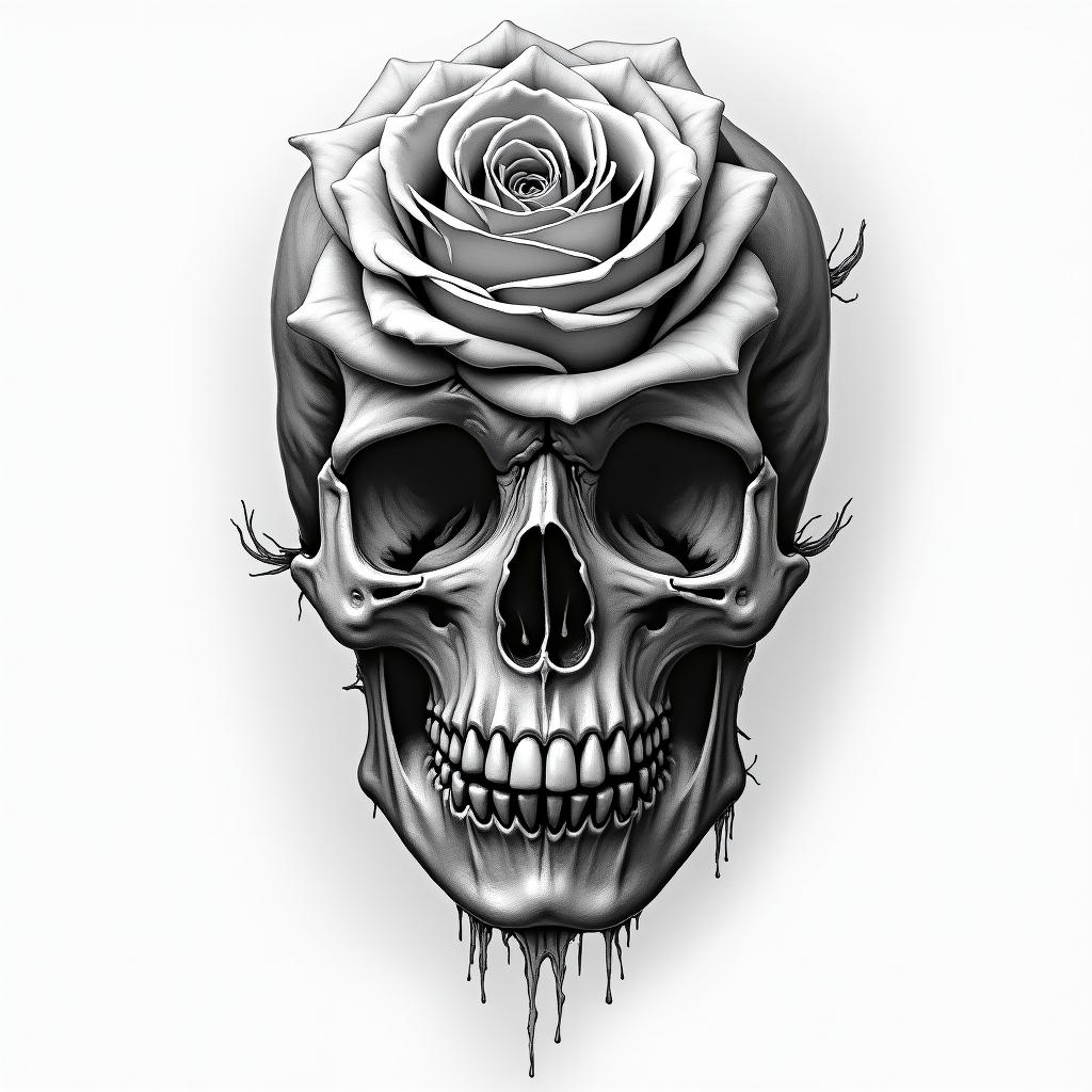 Music rose skullin portrait tattoo style, featuring a highly realistic and detailed depiction - Variation 2