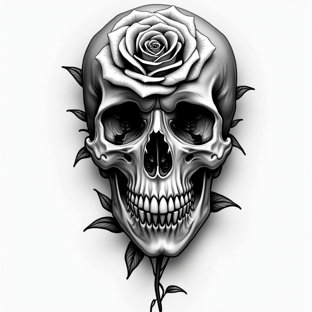Music rose skullin portrait tattoo style, featuring a highly realistic and detailed depiction 