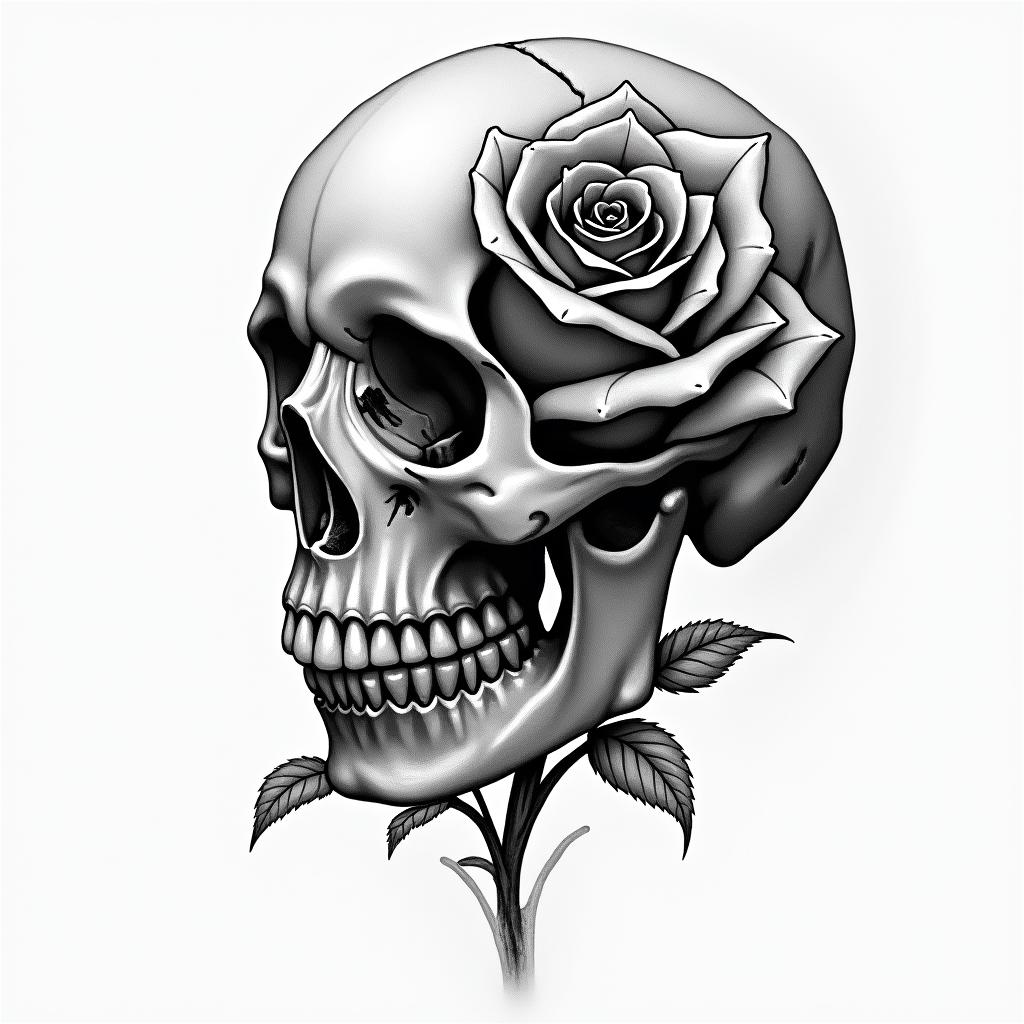 Music rose skullin portrait tattoo style, featuring a highly realistic and detailed depiction - Variation 3
