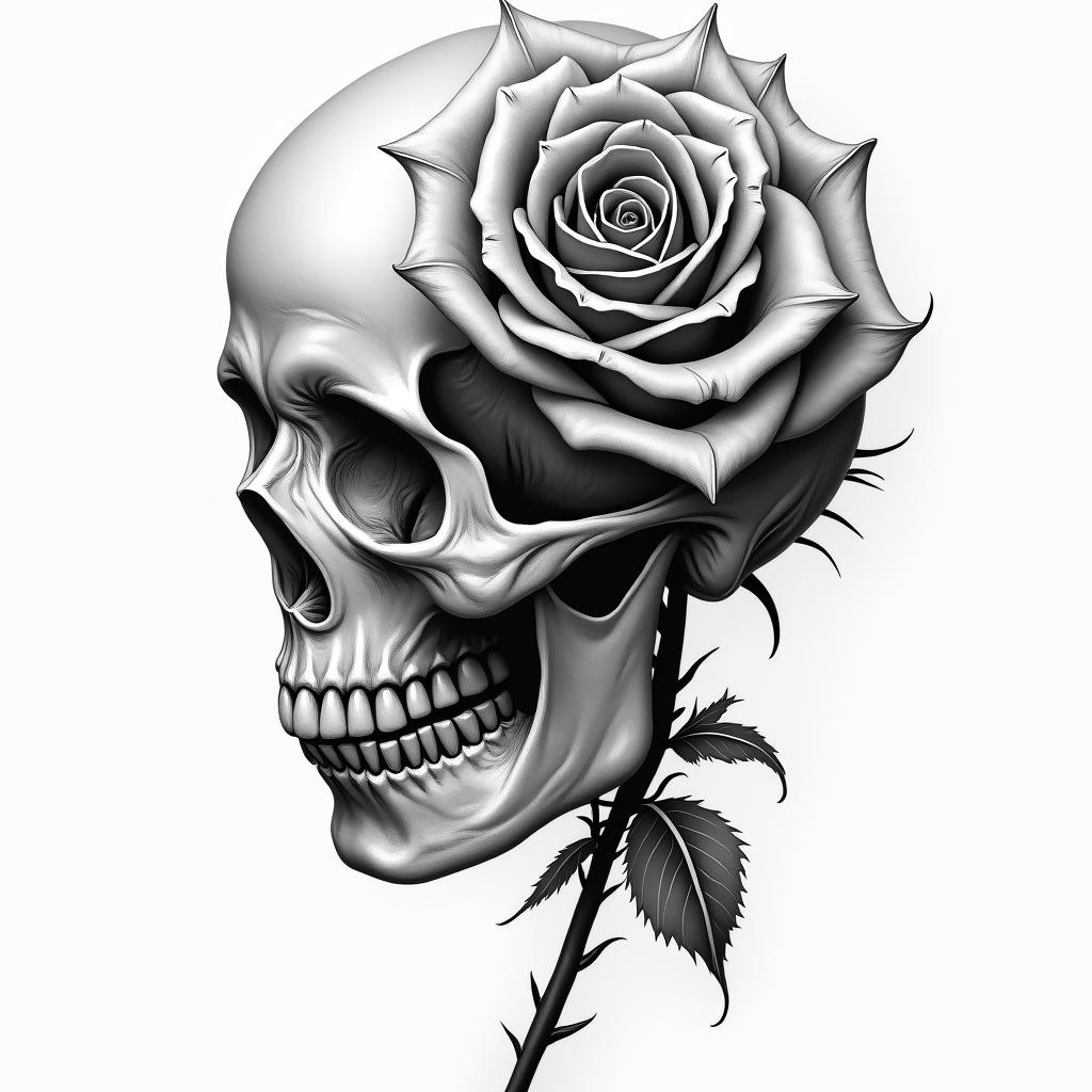 Music rose skullin portrait tattoo style, featuring a highly realistic and detailed depiction - Variation 4