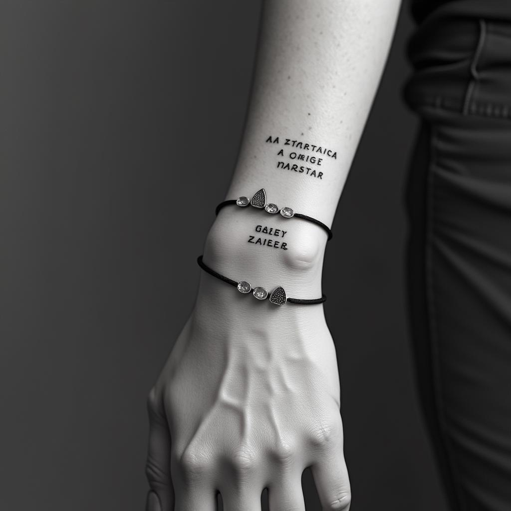 Make 3 bracelets with names
Nate Jobe Kade Thea Grace Ted William Josie Elsie Winnie Estherin minimalist style tattoo, featuring simple shapes and fine lines, with minimal shading and details, tiny triangles, creating a sense of balance and harmony - Variation 2
