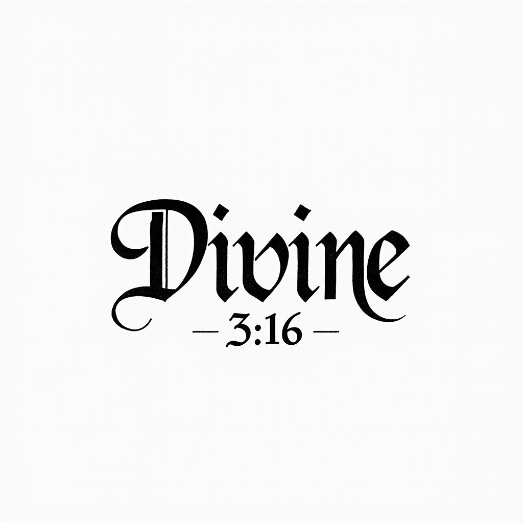 Divine 3:16minimalist text-based tattoo, Monospace font ultra-realistic, perfectly placed, high-quality font design, photo-realistic shading, 8k, high quality, finely detailed typograph - Variation 3
