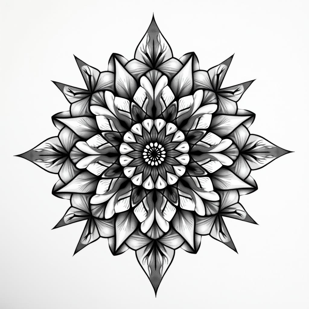 Andrew James Asher Lane in geometric style tattoo, blending hexagons, mandala-inspired patterns, symmetrical and fractal design, clean lines, sharp angles - Variation 2