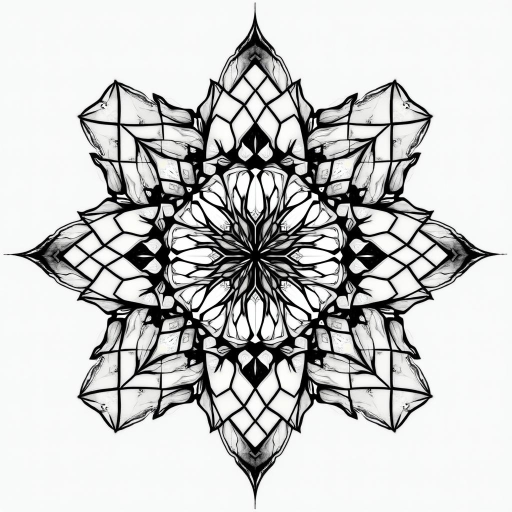 Andrew James Asher Lane in geometric style tattoo, blending hexagons, mandala-inspired patterns, symmetrical and fractal design, clean lines, sharp angles - Variation 4