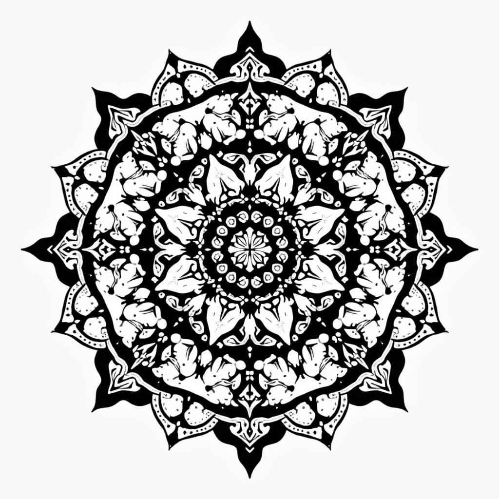 Andrew James Asher Lanein dotwork style tattoo, complex mandala patterns, interlocking geometric shapes with sharp symmetry, clean lines, sharp angles - Variation 12