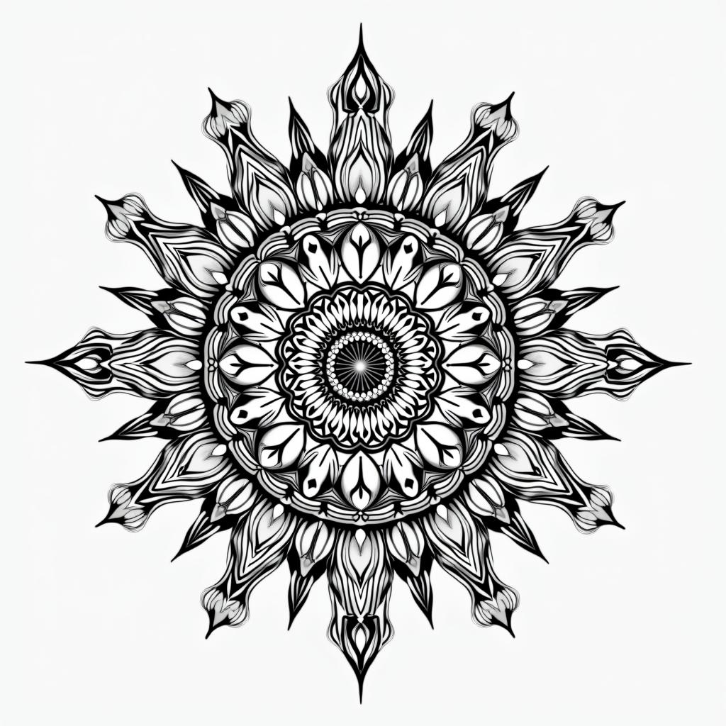 Andrew James Asher Lanein dotwork style tattoo, complex mandala patterns, interlocking geometric shapes with sharp symmetry, clean lines, sharp angles - Variation 10