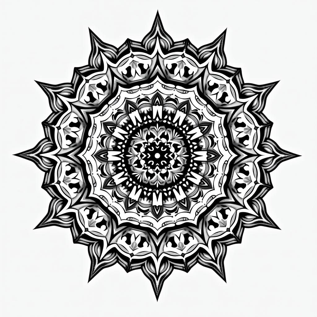 Andrew James Asher Lanein dotwork style tattoo, complex mandala patterns, interlocking geometric shapes with sharp symmetry, clean lines, sharp angles - Variation 11