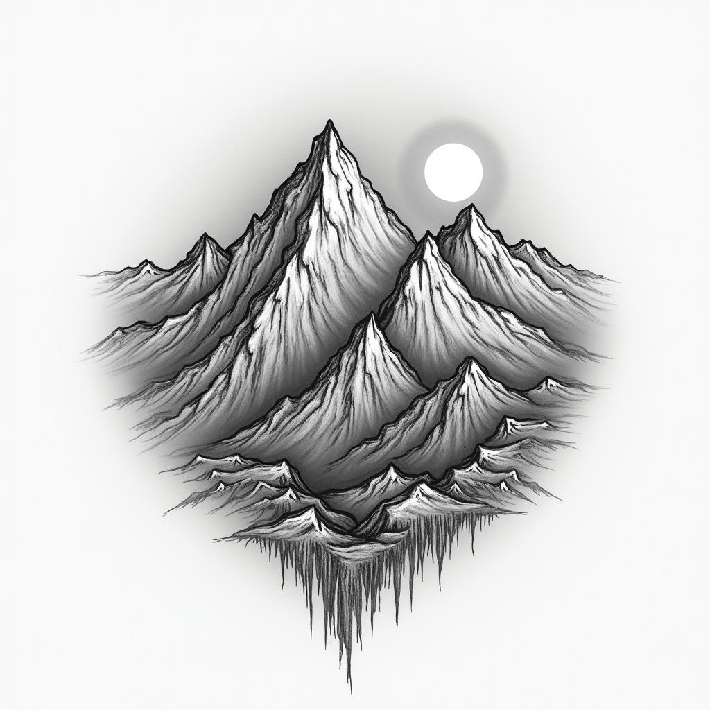 Mountain range with a rising sunhigly detailed tattoo - Variation 28