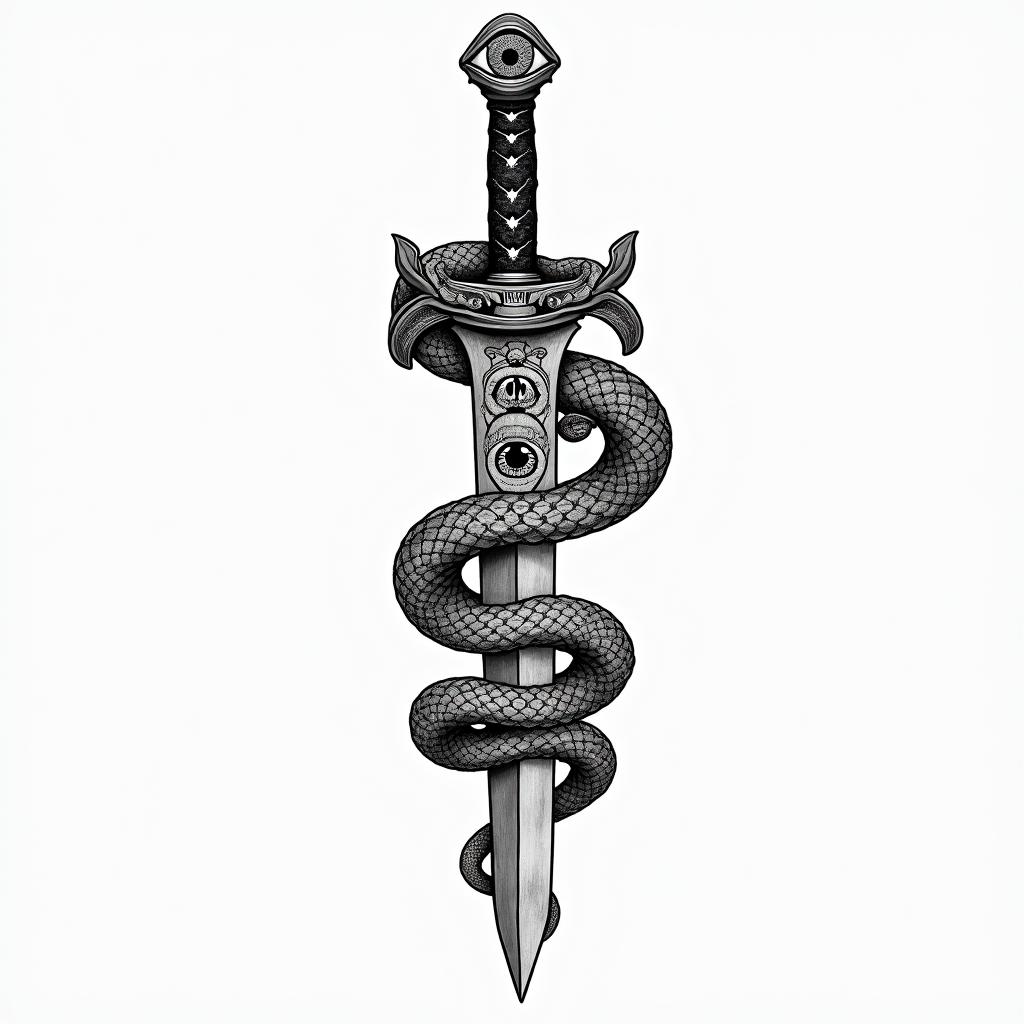 Snake wrapped around a dagger with an evil eye on the daggerin japanese style tattoo, detailed tattoo, traditional japanese culture tattoo, mythology, 8k - Variation 12