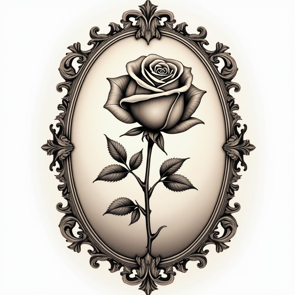 Music rosein victorian style tattoo, featuring vintage and elegant elements, ornate frames, roses, antique, sepia-toned color scheme - Variation 4