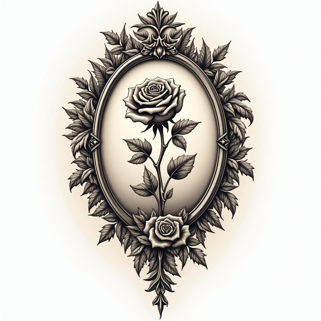 Music rosein victorian style tattoo, featuring vintage and elegant elements, ornate frames, roses, antique, sepia-toned color scheme - Variation 2