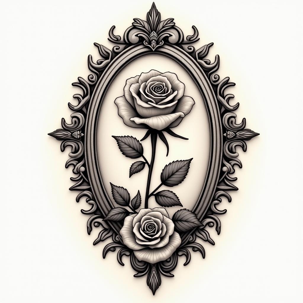 Music rosein victorian style tattoo, featuring vintage and elegant elements, ornate frames, roses, antique, sepia-toned color scheme