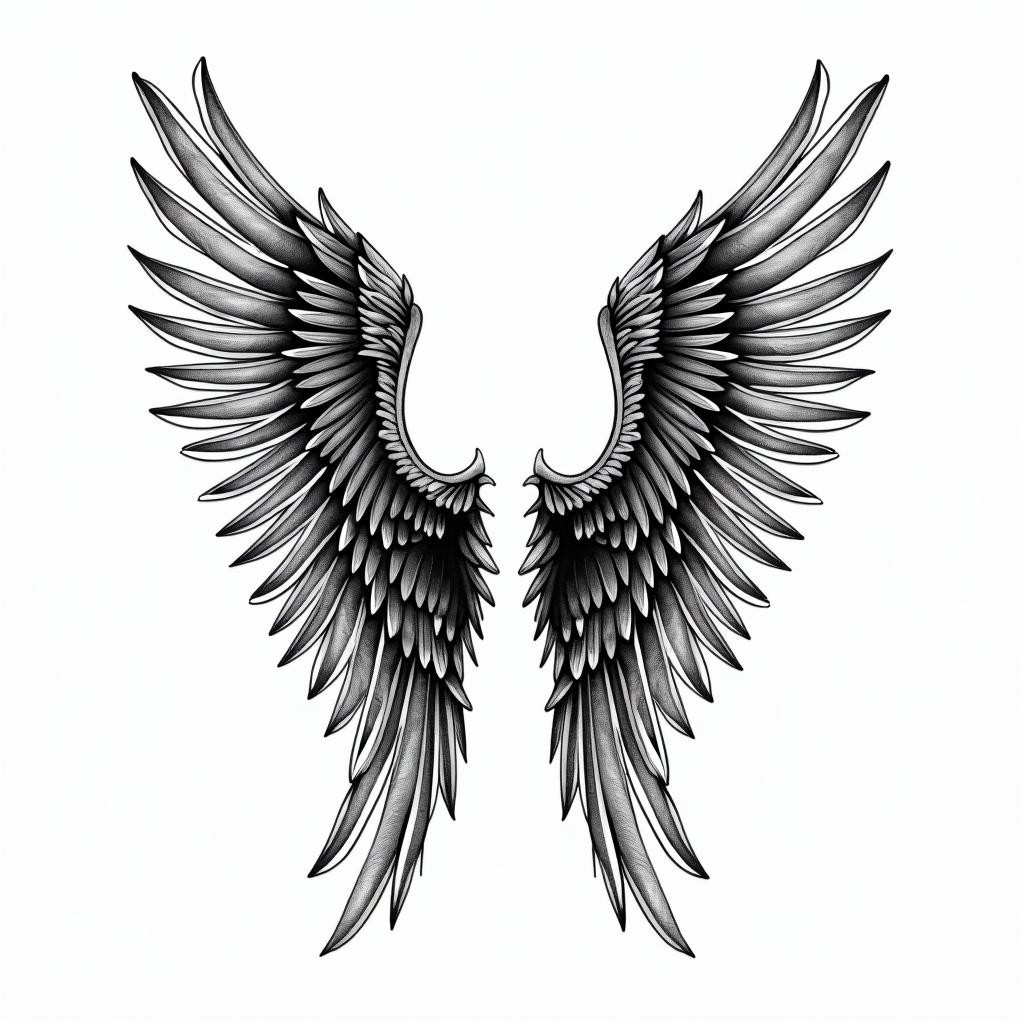 Angel wings with detailed feathersin pop art style tattoo, featuring bold and vibrant colors, exaggerated outlines, iconic imagery, inspired by comic books and speech bubbles, comic book characters, retro pop culture - Variation 12