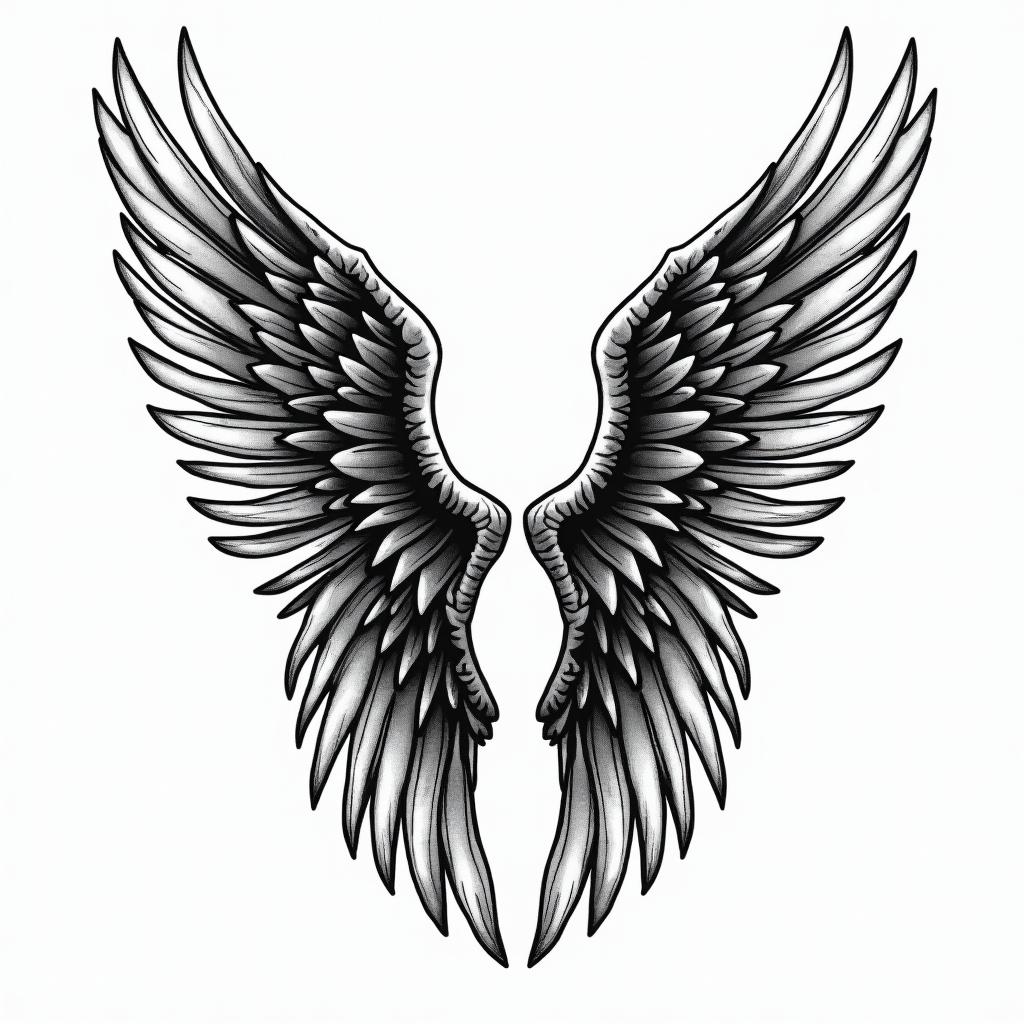 Angel wings with detailed feathersin pop art style tattoo, featuring bold and vibrant colors, exaggerated outlines, iconic imagery, inspired by comic books and speech bubbles, comic book characters, retro pop culture - Variation 10